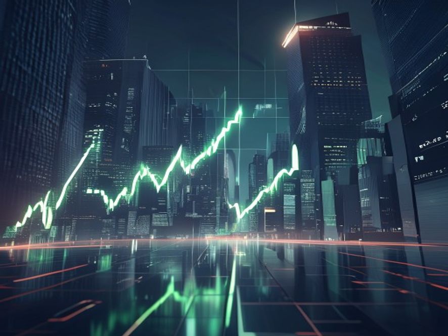 A cinematic, photorealistic 8k image capturing a modern financial district with a giant, glowing digital stock market chart showing a sharp, dramatic upward green trend line, symbolizing extreme market volatility and investor tension in a highstakes atmosphere.