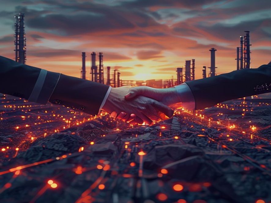 A cinematic and photorealistic 8k image featuring a futuristic handshake between a South Korean businessman and an Argentine official over a glowing, crystalline landscape of lithium mines and modern industrial infrastructure, symbolizing a strategic economic alliance and energy partnership, dramatic lighting, high detail.
