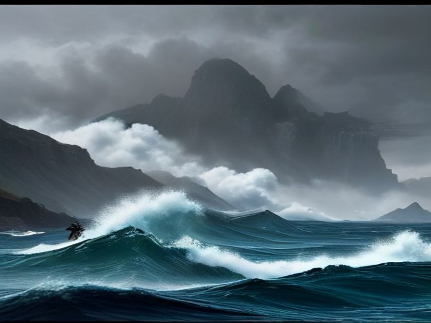 Cinematic, photorealistic 8k wideangle shot of desperate migrants struggling through turbulent Mediterranean waves towards a misty coastline, juxtaposed with the imposing silhouettes of military personnel patrolling the border, capturing a tense and somber atmosphere of humanitarian crisis and geopolitical conflict.
