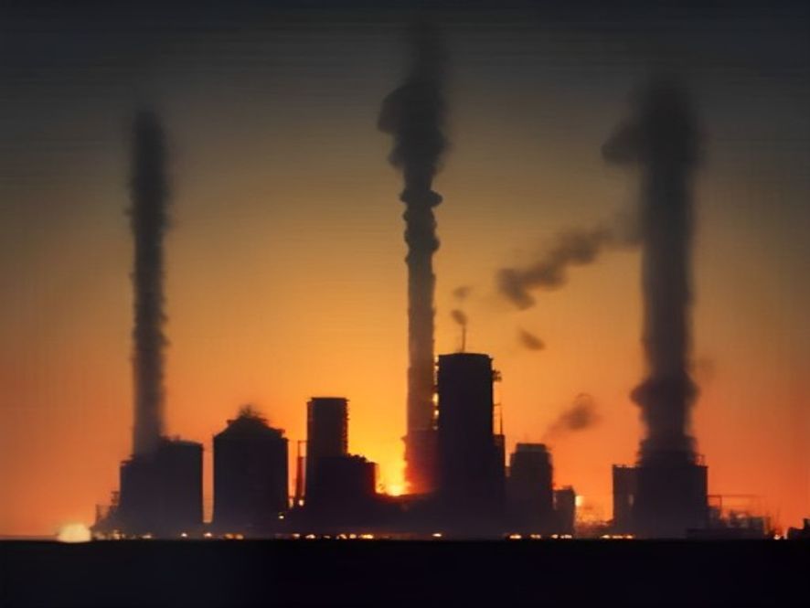 A cinematic, photorealistic 8k image showing a dark, ominous silhouette of Middle Eastern oil refinery towers against a burning orange and smokefilled sky, symbolizing global economic instability and geopolitical tension, high contrast, dramatic atmosphere.
