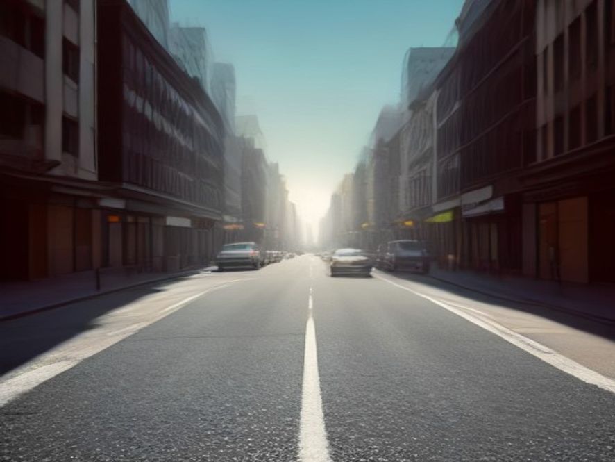 A cinematic and photorealistic 8k image showing a distorted, shimmering city street under a scorching summer sun, with intense heat waves radiating from the cracked asphalt, capturing a desperate atmosphere of climate emergency and extreme global warming.