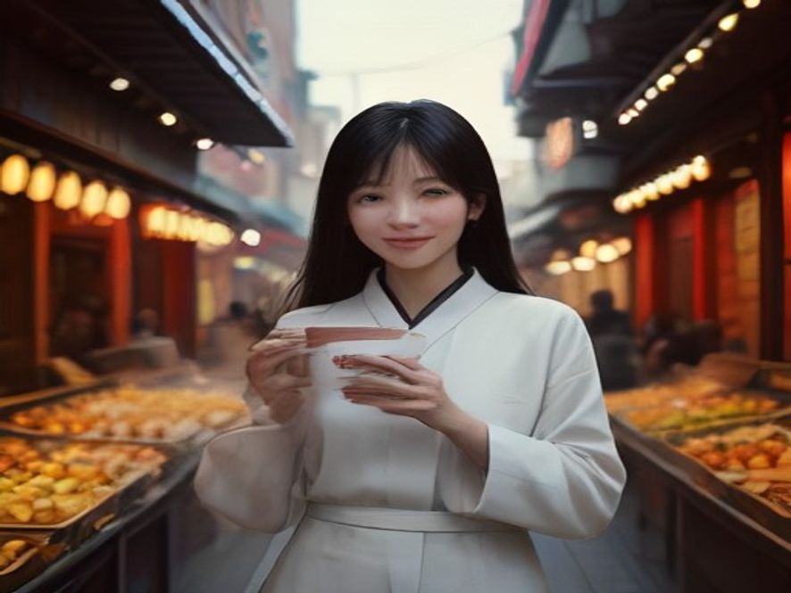 A cinematic, photorealistic 8k portrait of a friendly U.S. Ambassador standing in a bustling, vibrant Namdaemun traditional market, holding a warm hotteok with a genuine smile, surrounded by lively street stalls, capturing a moment of softpower diplomacy with a warm and inviting atmosphere.