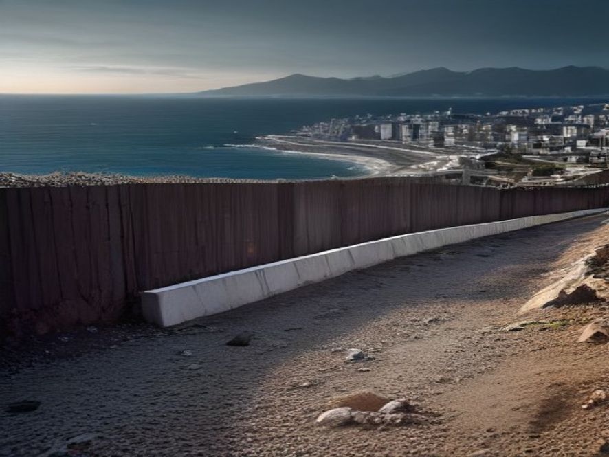 A cinematic and photorealistic 8k wide shot capturing the tense atmosphere at the border of Ceuta, featuring a rugged, weathered European border fence separating the North African landscape from the European horizon under a dramatic, moody sky, symbolizing a critical turning point in international migration policy and geopolitical tension.