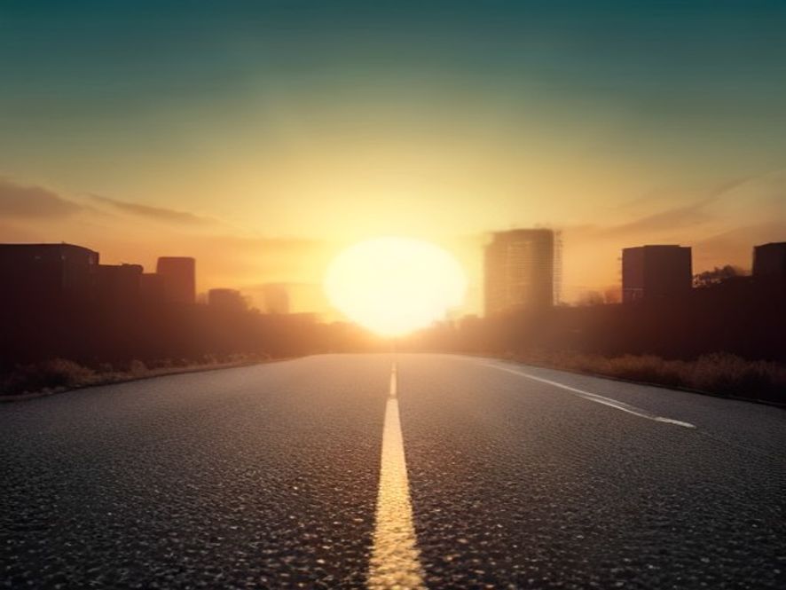 A cinematic and photorealistic 8k image showing a desolate, shimmering heat haze rising from a cracked urban asphalt road under an oppressive, glowing sun, conveying a sense of climate emergency and extreme heatwave.