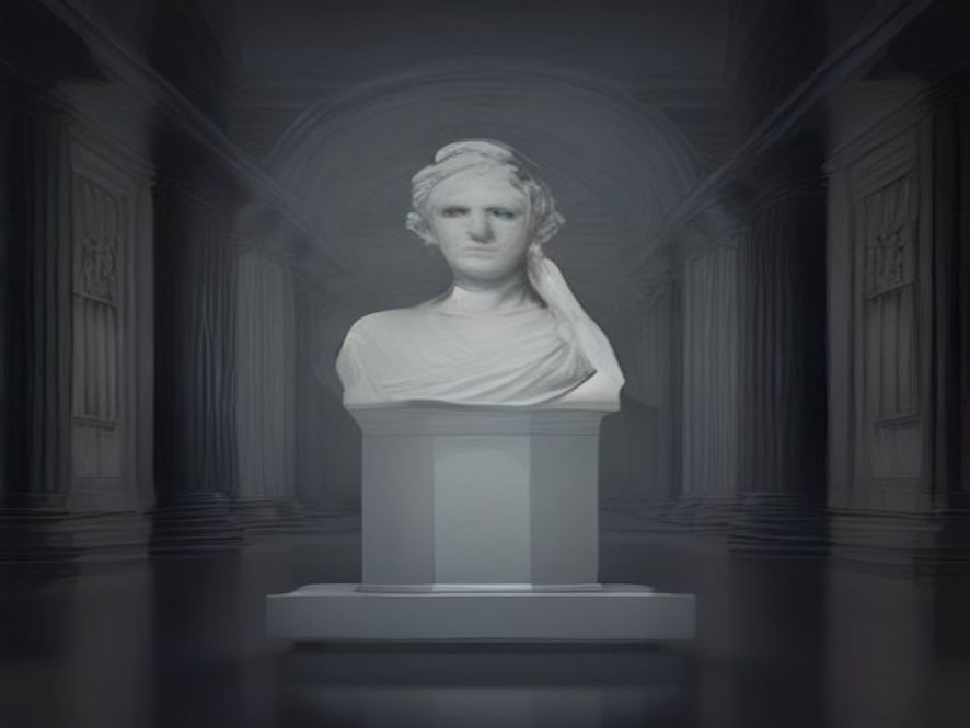 A cinematic, photorealistic 8k portrait of an abstract memorial sculpture of a historical political figure standing in the center of a grand, dimly lit library filled with dusty archives and legal documents, reflecting a solemn and intellectual atmosphere of historical reexamination and truthseeking.