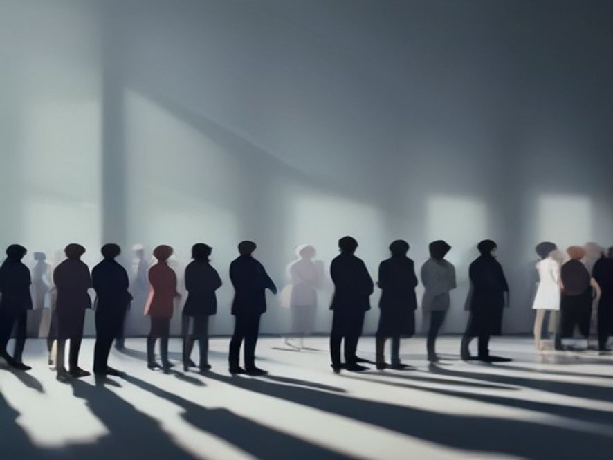 A cinematic, photorealistic 8k image of a diverse group of focused citizens standing in a queue at a local voting station to cast their ballots, with a soft morning light reflecting the atmosphere of democratic participation and civic responsibility, high detail, professional photography.