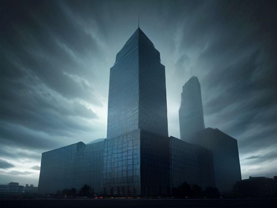 A cinematic, photorealistic 8k image of a blurred, massive governmental building silhouette under a cloudy, somber sky, with a digital holographic chart showing a downward trend graph in the foreground, capturing a tense and contemplative political atmosphere.