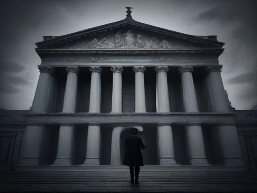 A cinematic, photorealistic 8k image of a tense silhouette of a businessman standing before a grand, imposing stone courthouse entrance during a gloomy, overcast day, symbolizing the weight of justice and the gravity of a massive financial fraud investigation.