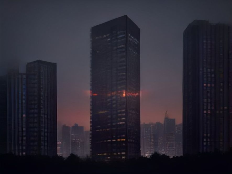 A cinematic and photorealistic 8k image of a modern, sleek Seoul apartment building silhouette against a twilight city skyline, with a glowing red warning light icon overlay symbolizing increasing real estate tax burdens, highend atmosphere, professional photography style.