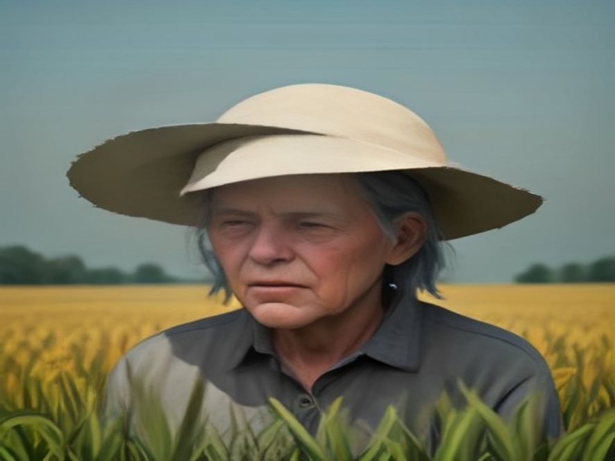 A photorealistic, cinematic 8k image of an elderly agricultural worker exhausted under the scorching sun in a rural field, surrounded by a hazy, oppressive heat wave with shimmering air distortion, highlighting the intense and dangerous atmosphere of extreme climate crisis.