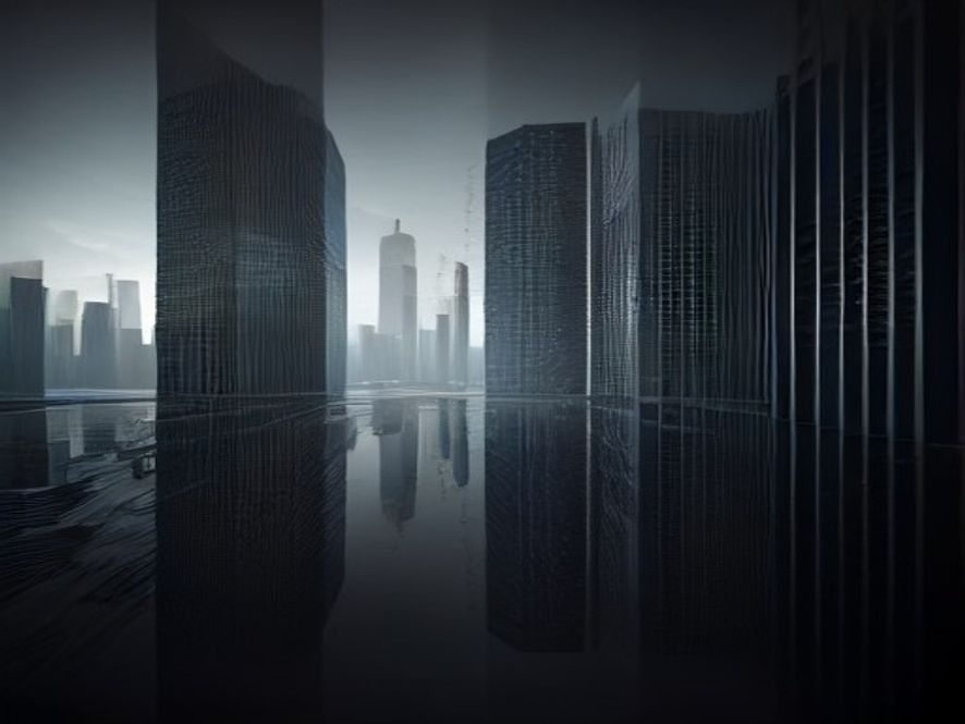 A cinematic, photorealistic 8k image featuring a split composition of a modern highrise urban cityscape symbolizing real estate, contrasted with a shadowy, tense political meeting room reflecting the dilemma of tax policy, captured in a dramatic and moody atmosphere.