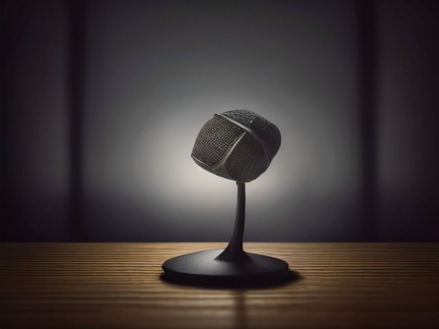 A cinematic and photorealistic 8k closeup shot of a lonely, discarded vintage microphone standing on a dimly lit wooden podium, symbolizing a crisis of political trust and the heavy weight of careless words, surrounded by dark, moody shadows and blurred silhouettes of a fractured political atmosphere.