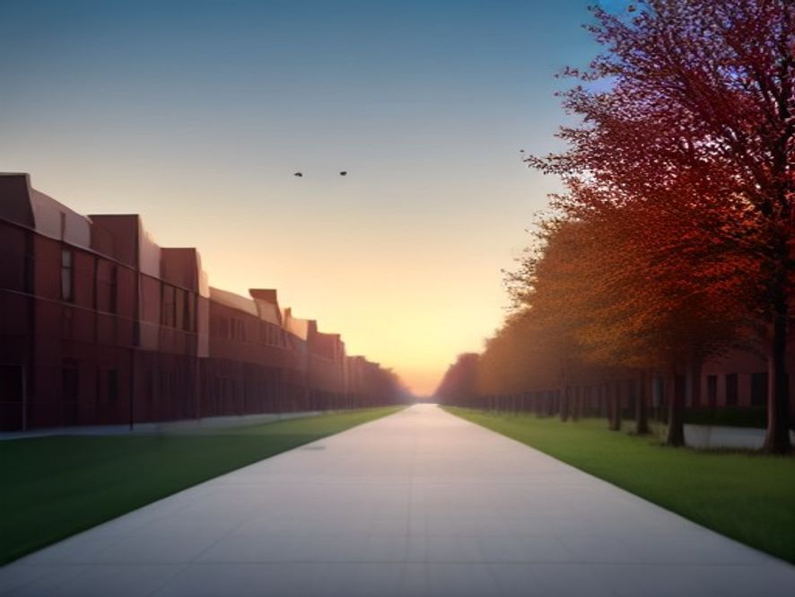 Cinematic, photorealistic 8k image of a modern, empty university campus in a quiet regional city during autumn, featuring a symbolic transition between old architecture and a hopeful future, with a soft golden sunset illuminating the pathway, conveying a sense of structural transformation and the dawn of a new educational era.
