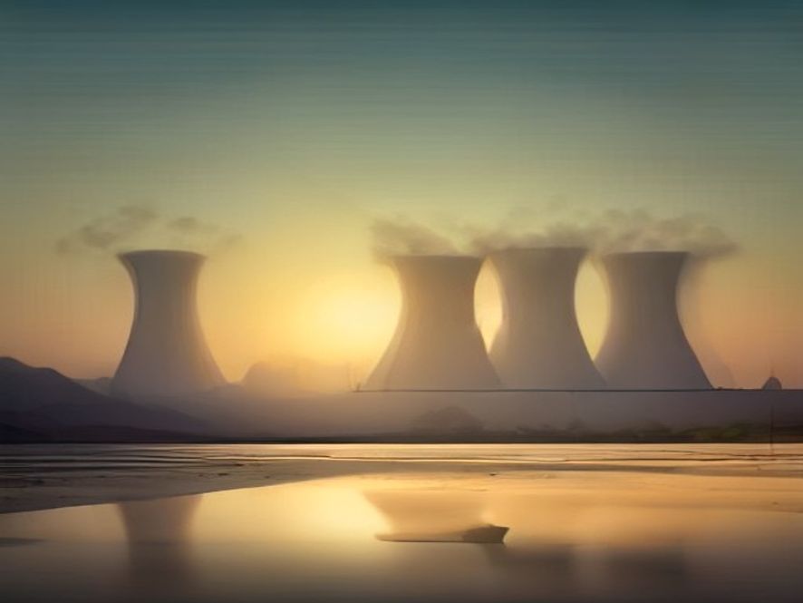 Cinematic, photorealistic 8k image of a massive nuclear power plant standing near a dangerously shrunken, driedup riverbed under a scorching, hazy summer sun, conveying an atmosphere of intense heat and systemic energy crisis.