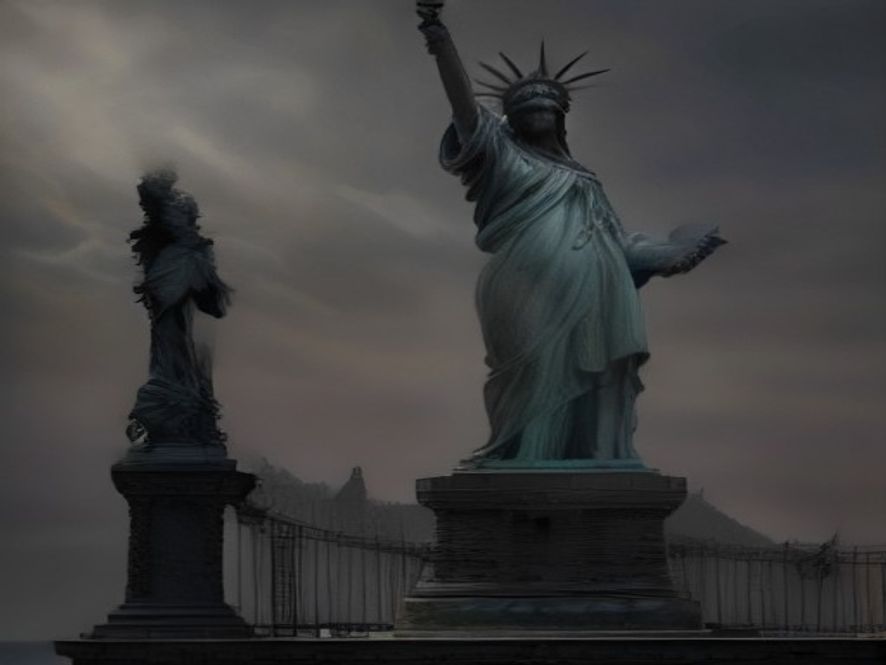 A cinematic and highcontrast photograph of a colossal, weathered bronze statue of Lady Liberty standing stoically behind a heavy, imposing iron border gate, representing the shift in U.S. immigration policy and the tension surrounding birthright citizenship, dramatic lighting, photorealistic, 8k.