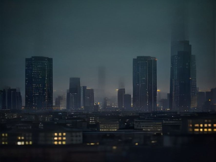 A cinematic and photorealistic 8k image showing a miniature, complex urban housing landscape with flickering light patterns representing market uncertainty, featuring a subtle scale model of residential buildings overlaid with rising financial graph elements to symbolize the tension between government tax policy and the struggle of tenants, highcontrast lighting, professional photography style.