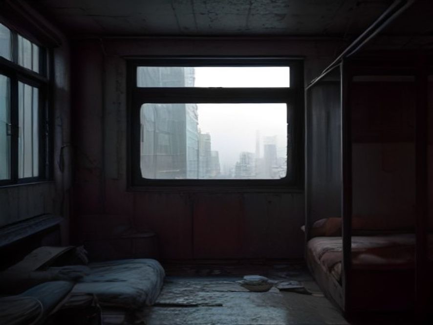 A cinematic, photorealistic 8k image of an abandoned, rusty bus repurposed into a tiny, cramped apartment with a glowing window, set in a desolate urban environment, symbolizing the tension between innovative housing solutions and the harsh reality of urban poverty.