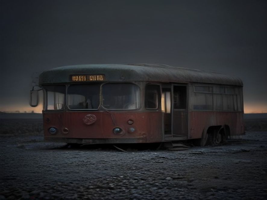 A cinematic, photorealistic 8k image of an abandoned, rusty bus converted into a tiny living space set in a desolate urban landscape, capturing a melancholic and reflective atmosphere that symbolizes the bitter controversy surrounding youth housing policy, dramatic lighting, high detail.