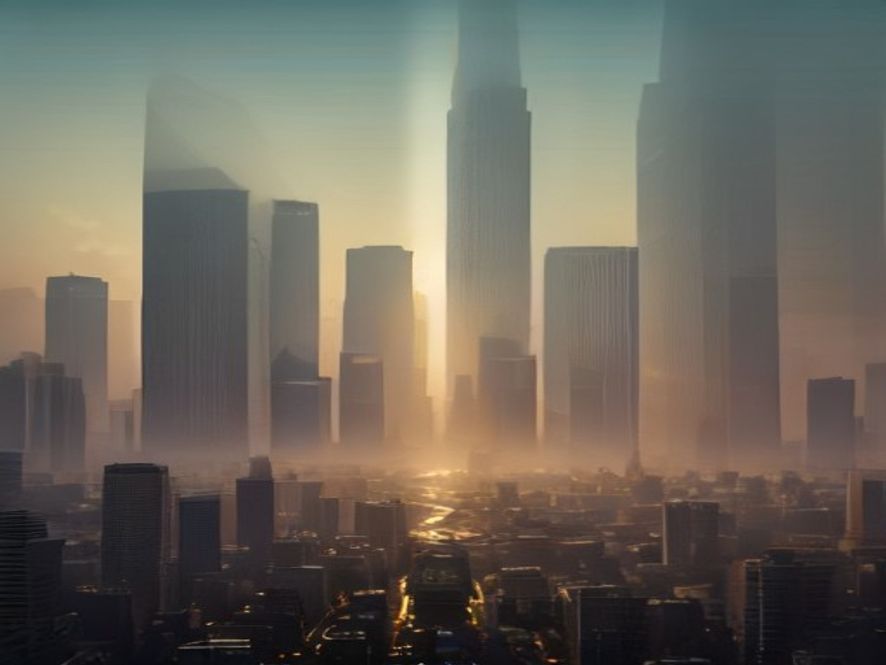 Cinematic, photorealistic 8k wide shot of a sweltering urban cityscape under a shimmering heat haze, with a subtle digital overlay representing a government disaster management network and emergency response infrastructure, conveying a tense and highstakes atmosphere.