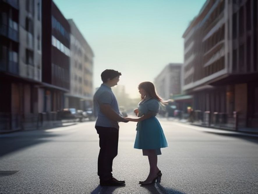 A cinematic and photorealistic 8k image of a happy young couple standing in a bright, modern urban landscape, symbolizing a fair and supportive social environment with removed financial barriers, soft warm lighting, high detail, professional photography style.