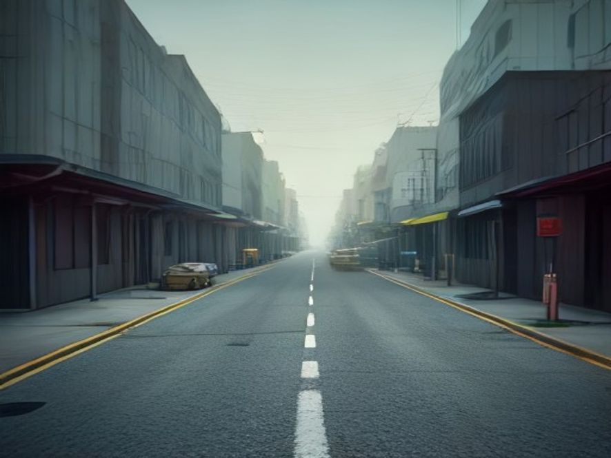 A cinematic and photorealistic 8k image showing a hazy industrial district in Busan under a safety alert, with blurred yellow caution tape in the foreground and emergency response vehicles in the distance, capturing a tense and cautious atmosphere.