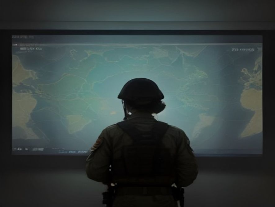 A cinematic, photorealistic 8k image featuring a contemplative highranking US military general standing in a dimly lit war room, looking at a large glowing holographic map of the Middle East, symbolizing a shift from military escalation to strategic diplomatic deescalation, dramatic lighting, intense atmosphere, high contrast.