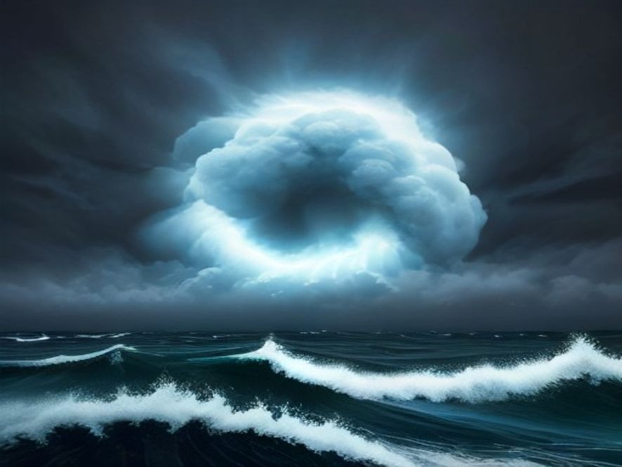 A dramatic, cinematic, and photorealistic 8k shot of a massive, swirling typhoon hitting the eastern coast of China, featuring dark, turbulent storm clouds, torrential rain lashing against industrial port facilities and urban infrastructure, capturing a tense and ominous atmosphere of a severe climate crisis.