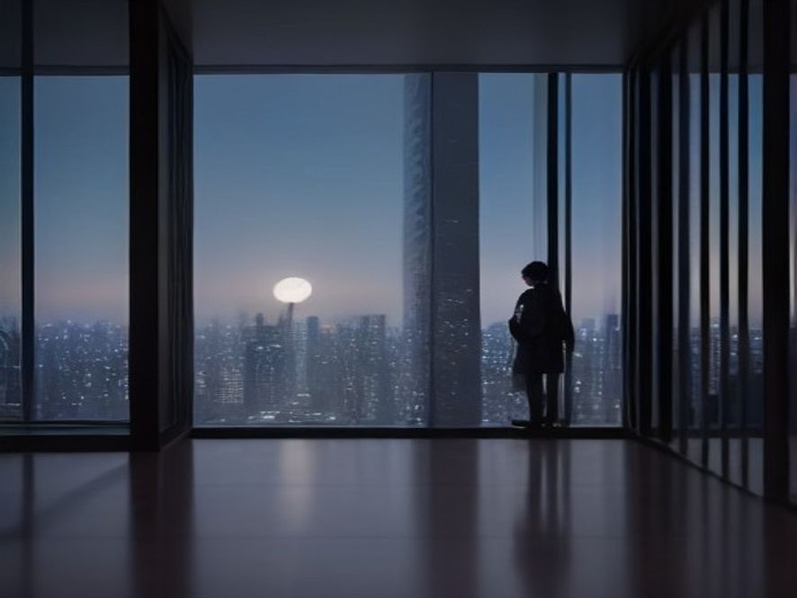 A cinematic, photorealistic 8k image of a highend luxury apartment skyline in Gangnam at twilight, featuring an elderly wealthy homeowner looking thoughtful over a digital real estate document, symbolizing a shift in property ownership and market transition, with a sophisticated and contemplative atmosphere.