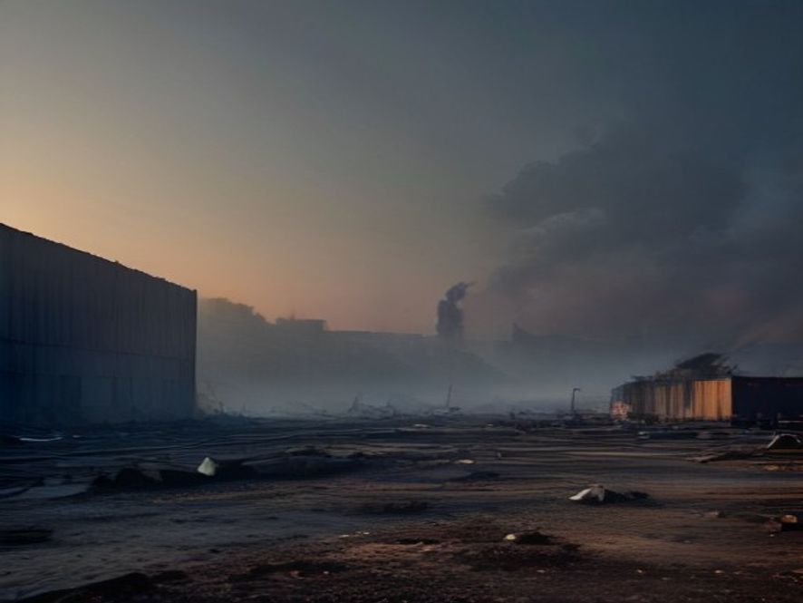 Cinematic, photorealistic 8k image of the charred aftermath of a local agricultural wholesale market in the city, with smoke rising from damaged stalls, intense firefighting equipment and emergency vehicles present, capturing a somber and urgent atmosphere of disaster prevention, dramatic lighting, high detail.