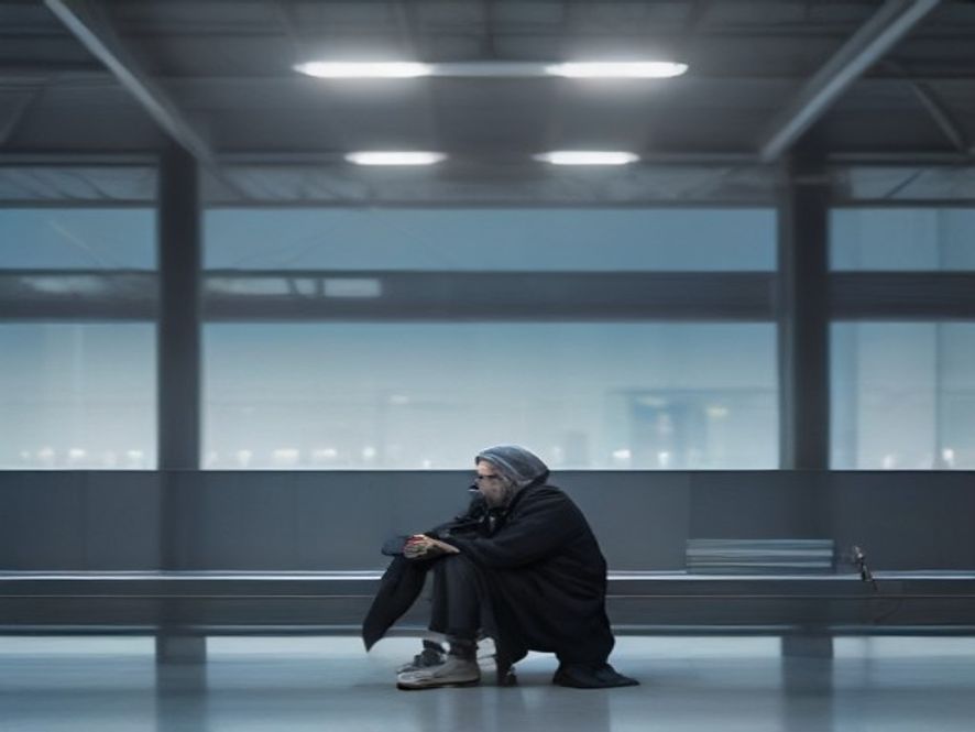 A cinematic, photorealistic 8k image capturing a weary homeless person sitting in a vast, modern, and sterile airport terminal, with blurred travelers passing by in the background, highlighting the stark contrast between public facility order and the struggle for human dignity, dramatic lighting, high detail.