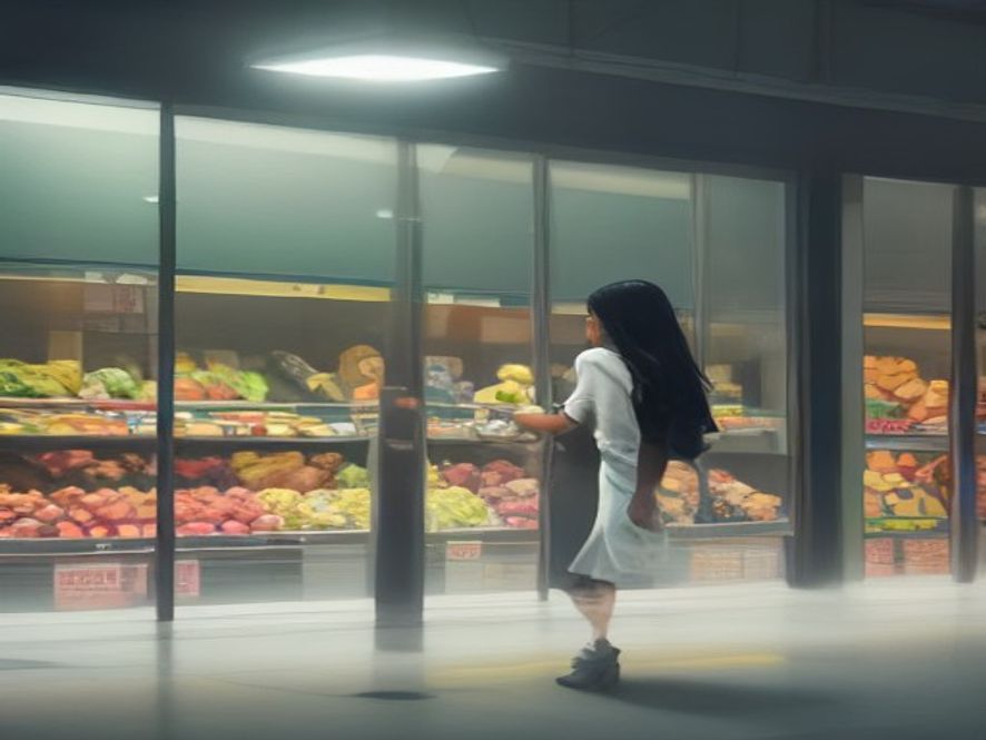 A cinematic, photorealistic 8k image of a stressed shopper looking at a supermarket shelf filled with empty bins and soaring price tags under the harsh, scorching sunlight reflecting through the store windows, symbolizing the impact of climatedriven inflation on fresh produce.