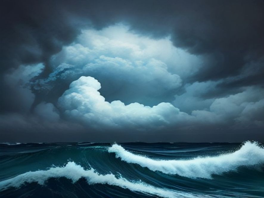 A dramatic, photorealistic wide shot capturing a swirling, massive typhoon storm system over the ocean seen from a high altitude, with dark ominous clouds and turbulent sea waves, cinematic lighting, 8k resolution, conveying a sense of urgent climate change and atmospheric tension.