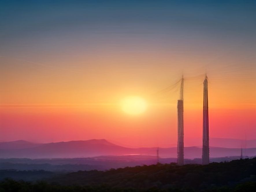 A cinematic, photorealistic 8k wideangle shot of a futuristic industrial complex in the Honam region at sunset, featuring highvoltage transmission towers stretching toward the horizon, symbolizing a powerful energy artery fueling vibrant advanced manufacturing facilities, golden hour lighting, sharp focus, professional industrial photography.
