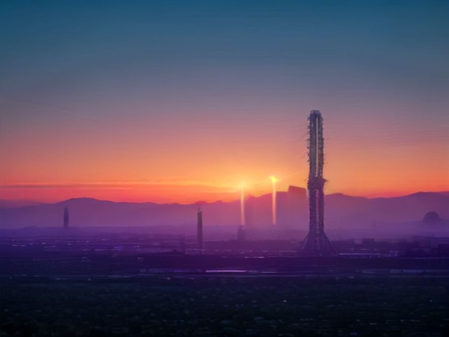 A cinematic, photorealistic 8k wideangle shot of a sprawling, futuristic industrial complex under construction in the Honam region, featuring modern power transmission towers glowing at sunset, symbolic of rapid economic expansion and advanced infrastructure, vibrant and hopeful atmosphere.