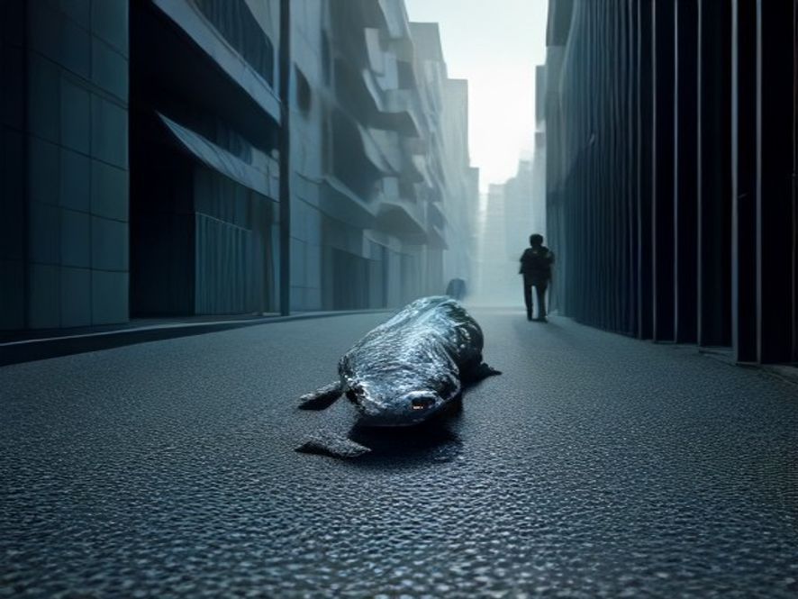 A cinematic, photorealistic 8k image of a massive onemeterlong exotic lizard crawling on the clean pavement of a modern apartment complex in Gwanggyo, capturing a tense and surreal atmosphere as residents look on in surprise, highdetail textures, dramatic lighting.