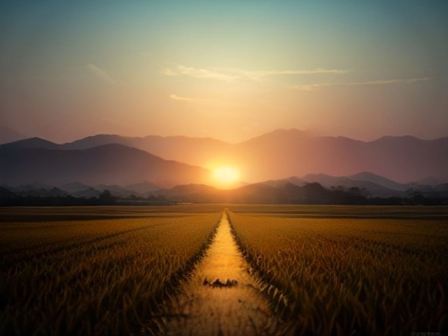 A cinematic and photorealistic 8k wide shot of a withered, cracked rice paddy field under a scorching sun in rural Gyeongnam, capturing the desolate atmosphere of scorched crops and parched earth, highlighting the severe impact of climate change on food security.