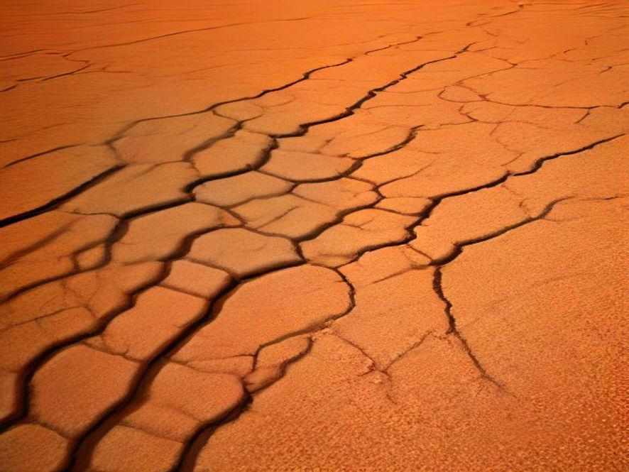 Cinematic and photorealistic 8k wide shot of a vast, parched, and cracked earth landscape in southern Korea under a scorching sun, symbolizing a longstanding drought and the failure of national disaster management systems, with a desolate atmosphere and highcontrast lighting.