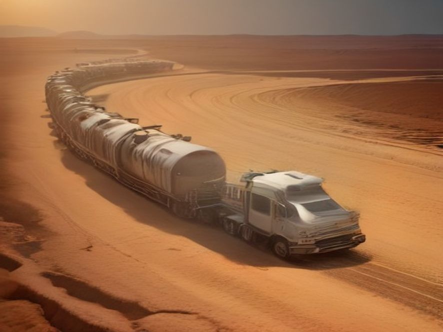 A cinematic, photorealistic 8k image showing a convoy of water tanker trucks traveling through a parched, cracked earth landscape under a harsh, scorching sun in rural Gyeongsangnamdo, conveying a sense of urgent climate crisis and drought relief, dramatic lighting, high detail.