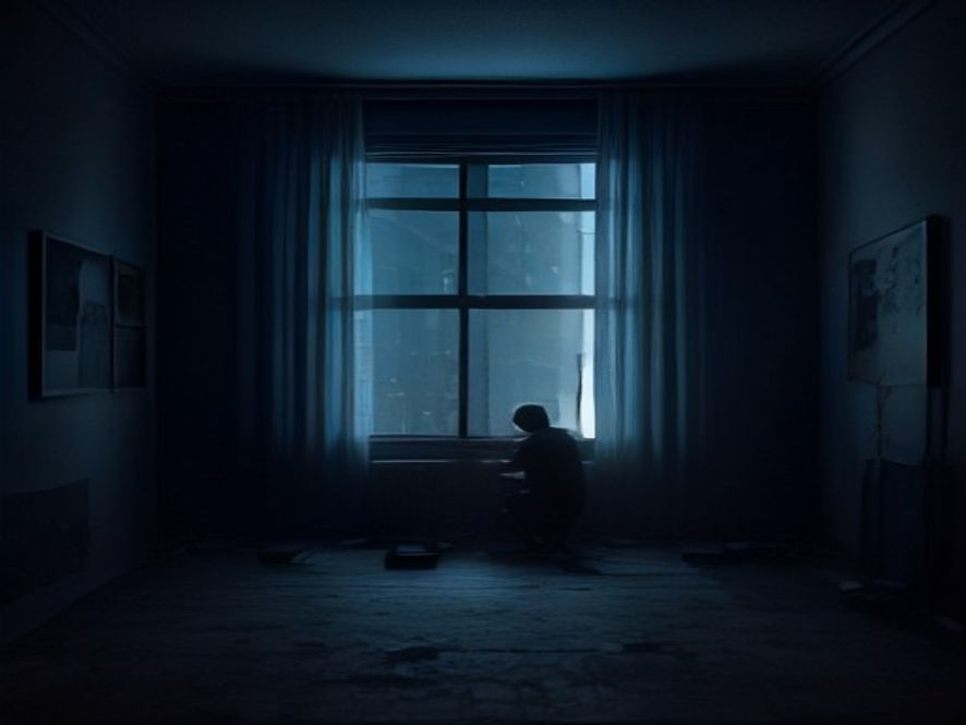 A cinematic, photorealistic 8k image capturing a tense and somber atmosphere in a quiet urban neighborhood, featuring a dimly lit, isolated apartment window with a silhouette of a distressed individual, emphasizing themes of social alienation and psychological isolation, moody lighting with a cold blue and grey color palette, high detail.