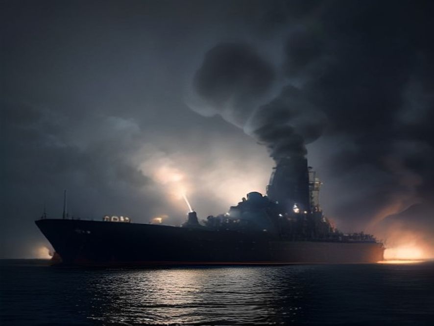 Cinematic, photorealistic 8k image of a dark, industrial naval submarine repair dock with a dramatic atmosphere of heavy smoke, glowing embers from a recent explosion, and silhouettes of emergency rescue workers, highlighting the structural danger and tension of a highstakes maritime maintenance site.