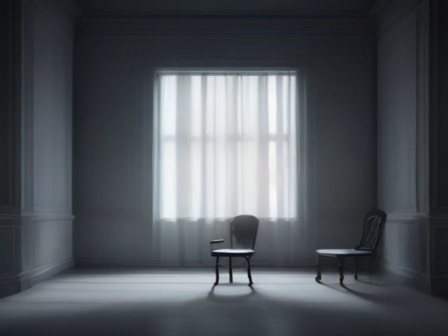 A cinematic and poignant wide shot of a solitary, empty childrens chair standing in a dimly lit, vast architectural space with soft, melancholic light filtering through shadows, symbolizing the absence and the fragile safety net of a lost child, photorealistic, 8k, emotional atmosphere, heavy with social reflection.