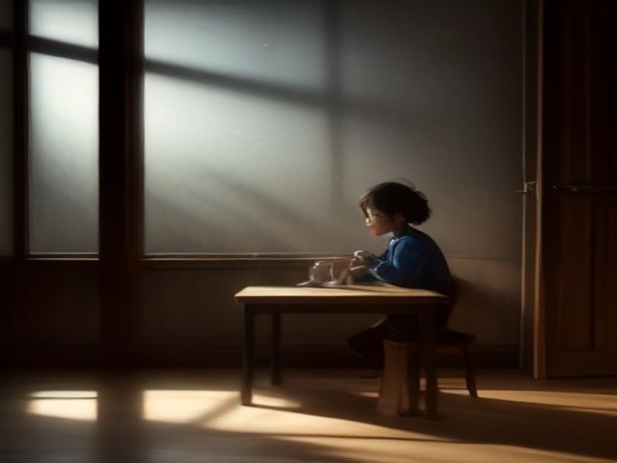 A cinematic, photorealistic 8k image of an empty, weathered wooden desk in a dimly lit, somber room representing the isolation of a child outside the educational system, with a soft, melancholic beam of light shining through a barred window, highlighting the fragile boundary between family privacy and the urgent need for social protection.