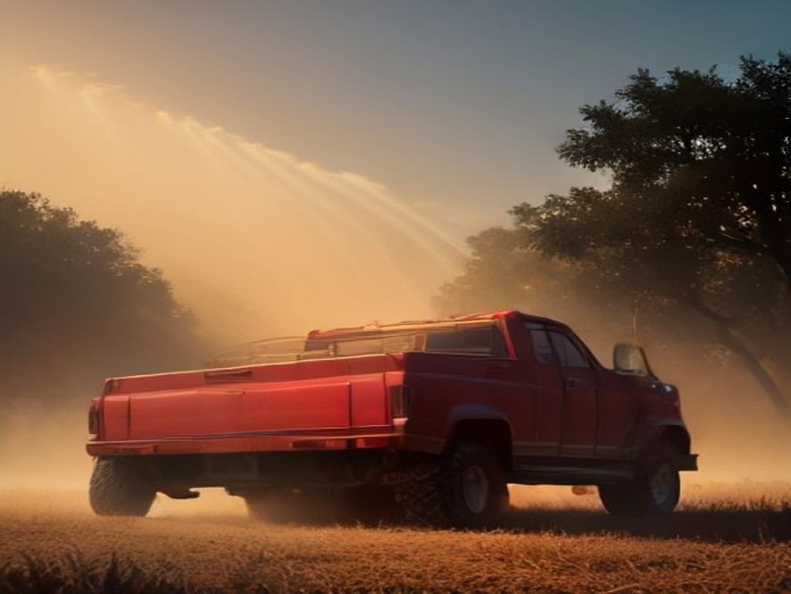 A cinematic, photorealistic 8k image of a bright red fire truck spraying cooling water onto a parched, sunscorched orchard during a recordbreaking heatwave, with sunlight shimmering through the water mist over withered crops, capturing the urgent and dedicated atmosphere of disaster relief, highly detailed, dramatic lighting.