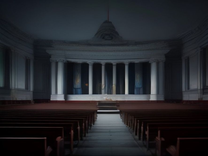 A cinematic, photorealistic 8k image featuring a dimly lit, somber National Assembly hall with a blurred, symbolic monument of the 5.18 Gwangju Democratic Movement in the background, contrasting deep shadows with a spotlight on old, weathered historical documents and a fallen gavel, evoking a sense of historical tension and political conflict.