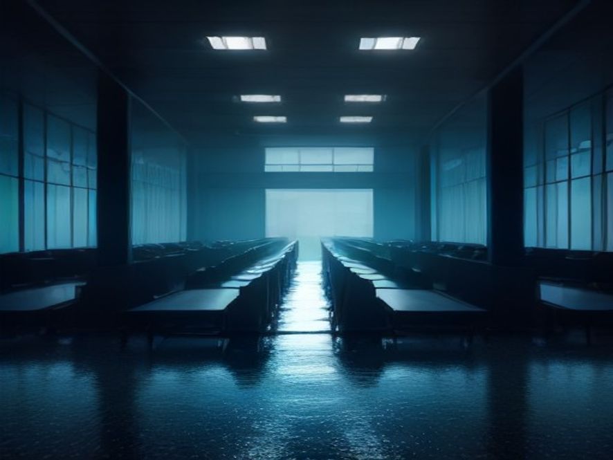 A cinematic, photorealistic 8k image capturing a dimly lit, flooded Narita airport terminal at night, showing stranded travelers sitting on luggage in a desolate atmosphere, with soft emergency lighting reflecting off wet floors and windows revealing a torrential storm outside, conveying a sense of isolation and systemic vulnerability.