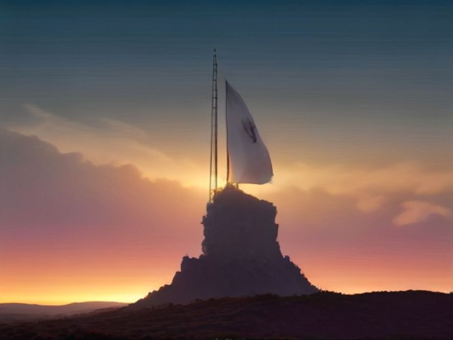 A cinematic, photorealistic 8k image of the South Korean flag standing tall against a dramatic, expansive sunset landscape, symbolizing national pride and sovereignty with a sophisticated atmosphere, emphasizing the weight and dignity of military autonomy and national security.