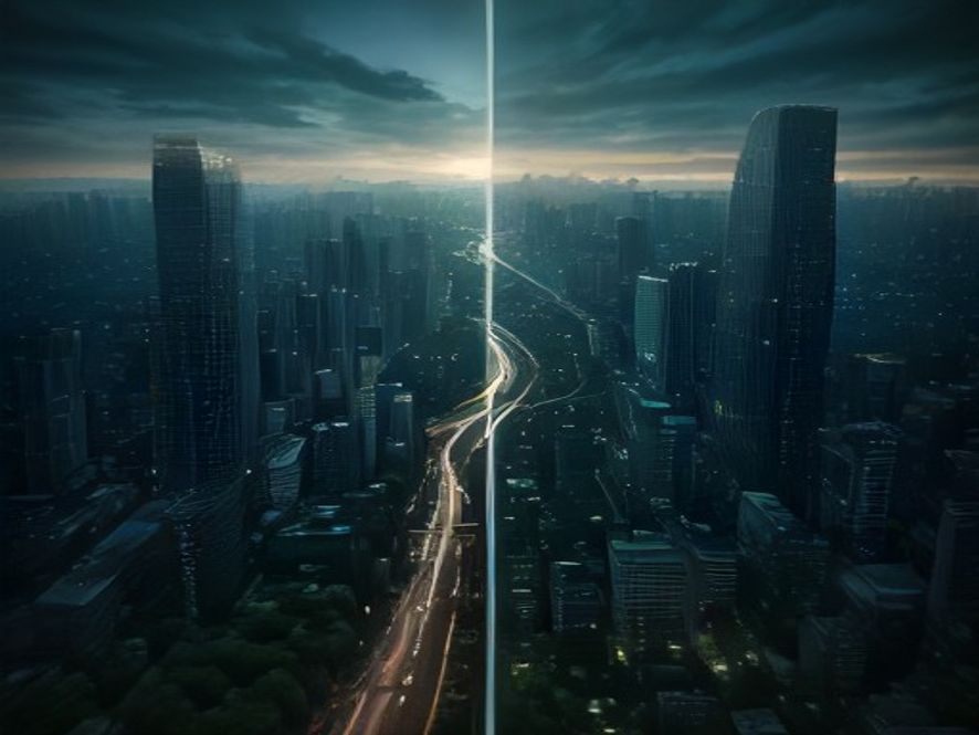 A cinematic, photorealistic 8k image featuring a splitview composition of a dense, modern Seoul cityscape juxtaposed with a sprawling greenbelt area under a chaotic, dim sky, symbolizing the conflicting real estate policies of government authorities, with a conceptual broken traffic light icon subtly blending into the urban horizon to represent administrative uncertainty.