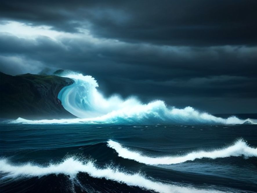 A cinematic and photorealistic 8k wideangle shot of a powerful earthquake striking the coast of Indonesias Flores Island with massive ocean waves approaching the shore, depicting the intense geological instability of the Pacific Ring of Fire under a dramatic and ominous sky.