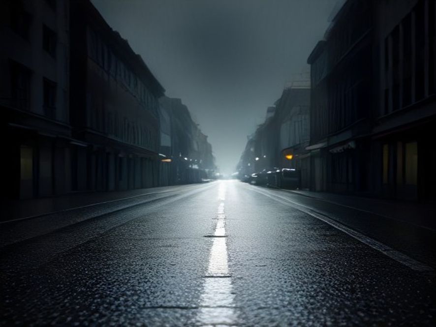 A cinematic and photorealistic 8k shot of a gloomy, rainswept street during National Liberation Day with reflective wet pavement under a dark, stormy sky, capturing a somber and cautious atmosphere, with blurred city lights in the background.
