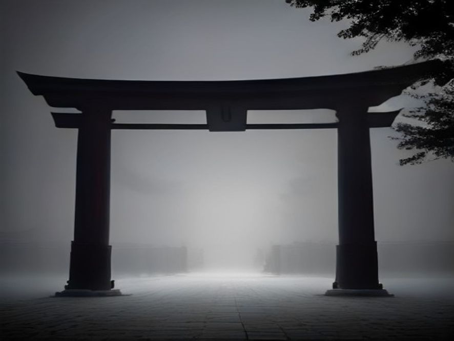 A cinematic, photorealistic 8k image of the iconic torii gate of Yasukuni Shrine shrouded in a cold, misty atmosphere at dawn, with a subtle juxtaposition of traditional Japanese architecture and looming shadows of modern political power, capturing a tense and somber historical mood.